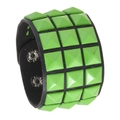 Punk wide leather bracelet featuring three rows of neon green pyramid studs and metal snaps - Green