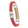 Pulsera para hombre de cuero trenzado rojo con cables dorados y cierre de acero inoxidable - Cable Acero Oro + Cuero Rojo