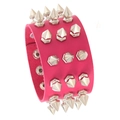 Punk style wide rose red leather bracelet with four rows of silver metal cone spikes - Rose Red