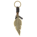 Retro bronze alloy feather keychain with brown braided leather strap and vintage pendant - Large Feather