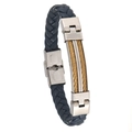 Men's blue braided leather bracelet with stainless steel gold wire rope inlay - Gold Steel Cable + Navy Leather