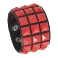 Punk black leather wristband featuring three rows of red pyramid square rivets - Red