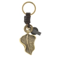 Vintage bronze ginkgo leaf keychain with woven leather strap and engraved metal plate - Irregular Leaf
