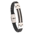 Men's black braided leather bracelet with silver stainless steel wire cable inlay - Black Steel Cable + Black Leather