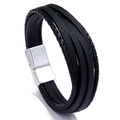 Multilayer black leather men's woven bracelet with silver magnetic buckle on white background - Silver Clasp / Black