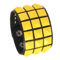 Punk black leather wristband featuring three rows of yellow pyramid square studs - Yellow