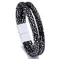 Men's double-wrap black leather bracelet with silver dots and magnetic steel clasp - Silver Buckle Dot Style
