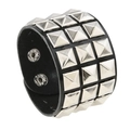 Men's punk black leather wide bracelet with three rows of silver pyramid studs - Silver