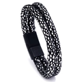 Men's double-layer leather bracelet with stingray texture and matte black magnetic clasp - Black Buckle Dot Style