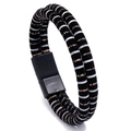 Mens vintage leather bracelet with black braided cord and gold-silver stripes magnetic clasp - Black Buckle Stripe Style