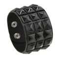 Men's punk style black leather bracelet featuring triple rows of square pyramid studs - Black