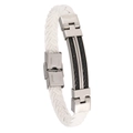 White woven men's bracelet with silver stainless steel clasp and black cord inlay - Black Steel Cable + White Leather