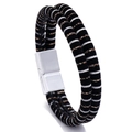 Men's double-wrap leather bracelet with metallic stripes and silver magnetic clasp - Silver Buckle Stripe Style