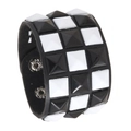 Punk leather bracelet with black and white square pyramid studs and snap buttons - Black and White