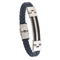 Men's navy blue braided leather bracelet with stainless steel accents and cable inlay - Black Steel Cable + Navy Leather