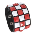 Punk black leather wide cuff bracelet featuring red and white square pyramid rivets - Red White