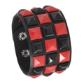 Punk leather wristband with red and black pyramid studs and silver snap closure - Black Red