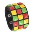 Punk leather bracelet with colorful red yellow green pyramid studs and snap buttons - Red Yellow Green