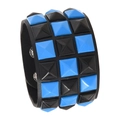 Punk black leather bracelet featuring three rows of blue and black pyramid metal studs - Black Blue
