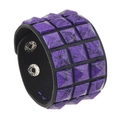 Black leather punk bracelet with three rows of purple square marble studs - Brushed Purple