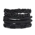 Set bracciale da uomo in pelle nera intrecciata e perline con design retrò a strati - Stile Perline Intrecciate / Nero
