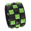 Punk leather bracelet with four rows of black and neon green pyramid studs - Dark Green