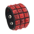 Punk black leather bracelet featuring three rows of red square pyramid metal studs - Brushed Red