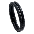 Schwarzes zweilagiges Lederarmband mit glänzendem schwarzen Magnetverschluss aus Metall - Schwarze Schließe Schwarzes Lederarmband / Standardausführung