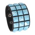 Punk black leather wide bracelet with three rows of blue marble pattern square studs - Brushed Light Blue
