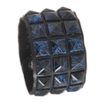 Punk black faux leather wristband with four rows of blue-textured pyramid studs - Brushed Black Blue