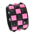 Punk black leather bracelet with four rows of pink and black pyramid studs and snap buttons - Black Pink