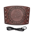 Dettaglio del parabraccio in pelle marrone scuro con Valknut e rune goffrate - Marrone
