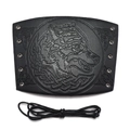 Detailed view of black PU leather wrist guard with wolf head embossing and metal eyelets - Black