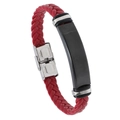 Pulsera minimalista de cuero trenzado rojo para hombre con placa de acero negro curva - Cuero Burdeos + Accesorios Negros