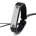 Herenarmband van zwart leer met verstelbare zilveren metalen plaat voor DIY graveren - Zwart