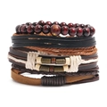Men's multilayer braided leather bracelet set with retro wood beads and ethnic motifs - Multi-layer Combination (HM-70453)