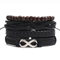 Multi-layer vintage men's leather bracelet set with wooden beads and infinity charm - Retro Combination Style (HM-70455)