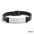 Pulsera de cuero negro para hombre con placa de acero inoxidable pulido, largo 22,5 cm - 22.5CM / Plateado