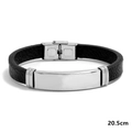 Men's black leather braided bracelet with polished silver stainless steel bar, 20.5cm length - 20.5cm / Steel
