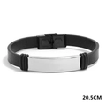 Pulsera minimalista de cuero negro para hombre con placa de metal plateado de 20,5 cm - 21cm / Plateado
