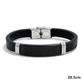 Men's black leather braided bracelet with metal plate and 20.5cm stainless steel buckle - 20.5cm / Black