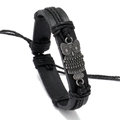 Vintage Lederarmband in Schwarz mit detailliertem Eulenanhänger aus Silberlegierung - Eule