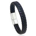 Pulsera trenzada minimalista para hombre con costuras azules y cierre magnético plateado - 23cm / Negro Azul Con Hebilla Plateada