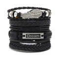 Set bracciali multistrato in pelle da uomo con ala d'argento e piastrina Dream - Stile Intrecciato Nero