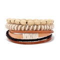 Men's multilayer leather bracelet set with braided hemp rope and cream wooden beads - Multi-layer Layered Style