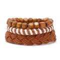 Driedelige set handgemaakte gevlochten hennep touw en houten kralen armbanden in retro bruin - Set