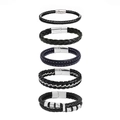 Men's five-piece braided leather bracelet set in black and navy with silver magnetic clasps - 22.5cm / Metal Chain Inlaid Style (5-Piece Set Style D)