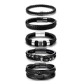 Five-piece men's black braided leather bracelet set with magnetic alloy clasps - Silver Metal Decorative Piece Style (5-Piece Set Style B)