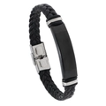 Pulsera para hombre de cuero trenzado negro con placa de metal negro mate curva - Cuero Negro + Accesorios Negros