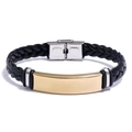 Pulsera para hombre de cuero trenzado negro con placa de acero inoxidable dorada - Cuero Negro Con Detalles Dorados